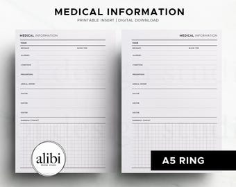 A5 Medical Information, Medical Overview Health Tracker A5 Printable Planner Inserts, Medical History - Doctor Visits