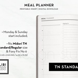 K&ouml;nnte beinhalten: Druckbarer Speiseplan-Einsatz f&uuml;r Midori TN und Foxy Fix No 6 Reise-Notizb&uuml;cher. Der Planer enth&auml;lt Montag- und Sonntagsanfangsseiten und hat die Gr&ouml;&szlig;e 110 x 210 mm.