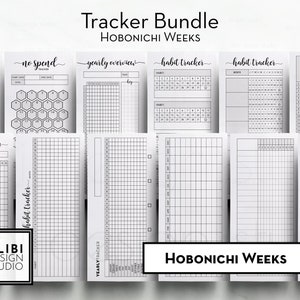 May include: A set of printable habit trackers and other trackers for use with the Hobonichi Weeks planner. The trackers include a yearly overview, weekly tracker, habit tracker, and no spend tracker. The trackers are black and white and have a minimalist design.