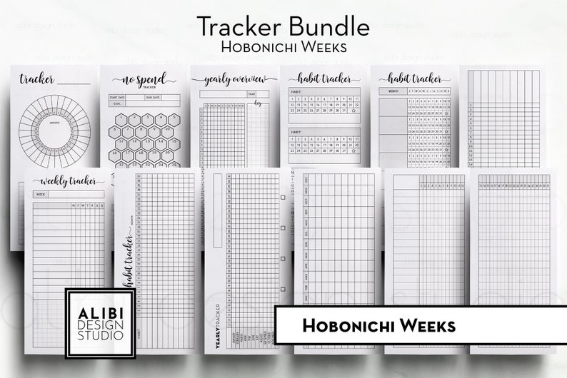 May include: A set of printable habit trackers and other trackers for use with the Hobonichi Weeks planner. The trackers include a yearly overview, weekly tracker, habit tracker, and no spend tracker. The trackers are black and white and have a minimalist design.