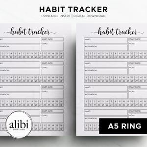 May include: Two white habit tracker printable inserts with the text "Habit Tracker" in a script font. Each page has sections for habits, motivation, start dates, and goals, with numbered boxes for tracking. The bottom right corner of one insert reads "A5 RING".