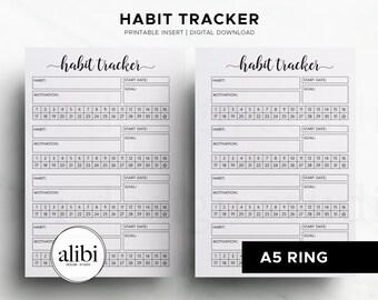 A5 Habit Tracker Printable Monthly Goal Planner Insert | Daily Routine Organizer Productivity Journal A5 Planner Printable 30 Days Challenge