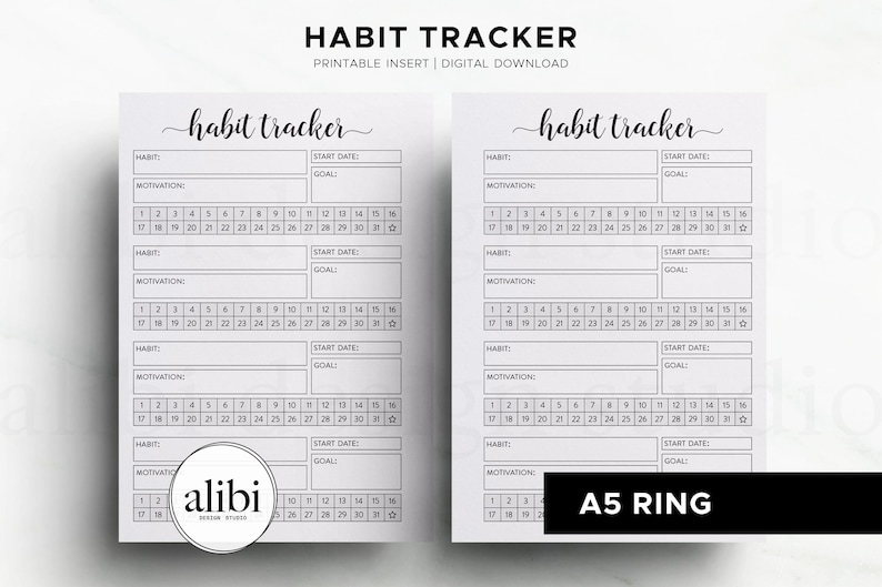 May include: Two white habit tracker printable inserts with the text "Habit Tracker" in a script font. Each page has sections for habits, motivation, start dates, and goals, with numbered boxes for tracking. The bottom right corner of one insert reads "A5 RING".