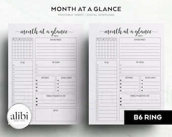 B6 Rings Monthly Planner Month on One Page B6 Printable Planner Inserts