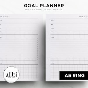 May include: Two white A5 ring goal planner inserts with a minimalist design. Each page includes sections for goals, why, when, how, tasks, and notes. The top of the page reads "GOAL PLANNER". The bottom right corner of the image reads "A5 RING".