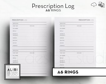 A6 Prescription Log Prescription Tracker A6 Printable Planner Inserts Medical Record