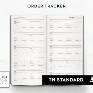 May include: Open notebook with "ORDER TRACKER" printed at the top of each page. The pages are divided into sections for item, store, date, amount, paid via, shipped, received, returned, and notes. The notebook has a "TN STANDARD" label.