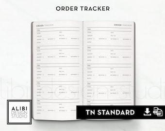 May include: Open notebook with "ORDER TRACKER" printed at the top of each page. The pages are divided into sections for item, store, date, amount, paid via, shipped, received, returned, and notes. The notebook has a "TN STANDARD" label.