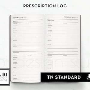 Peut inclure: Un journal de prescription imprimable noir et blanc avec le titre "Prescription Log" en haut de chaque page. Le journal est conçu pour suivre les informations sur les médicaments, y compris la date de début, la date de fin, les renouvellements, la posologie, la fréquence, le but, la réaction, le médecin et la pharmacie.