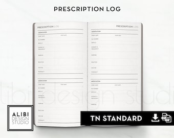 Standard TN Prescription Log Prescription Tracker Travelers Notebook Medical Information Printable Planner Insert Refill