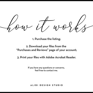 May include: Black and white text on a white background explaining how to purchase and download digital files. The text reads "how it works" and includes instructions for purchasing, downloading, and printing files. The text also includes the phrase "ALIBI DESIGN STUDIO".