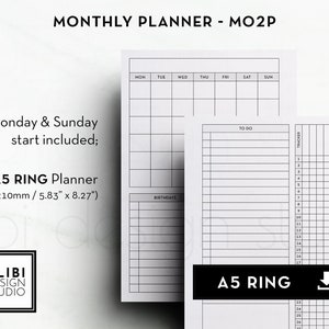 Op de afbeelding: Een witte A5 ring maandplanner met kalender, to-do en tracker secties. De planner bevat maandag- en zondag startdata en past in A5 ringplanners (148mm x 210mm). De tekst "MONTHLY PLANNER - MO2P" staat bovenaan.