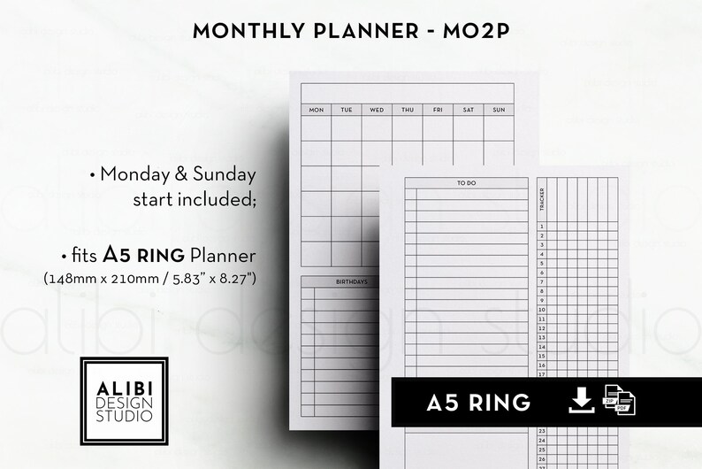 Op de afbeelding: Een witte A5 ring maandplanner met kalender, to-do en tracker secties. De planner bevat maandag- en zondag startdata en past in A5 ringplanners (148mm x 210mm). De tekst "MONTHLY PLANNER - MO2P" staat bovenaan.