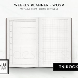May include: Printable weekly planner insert for a traveller's notebook. The left page has a weekly layout with space for each day of the week. The right page is a gridded page for notes.