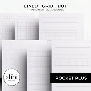 Puede incluir: Un conjunto de insertos de planificador imprimibles para un planificador de tamaño Pocket Plus. Los insertos incluyen papel rayado, cuadriculado y de puntos. Los insertos son blancos con líneas y puntos negros.