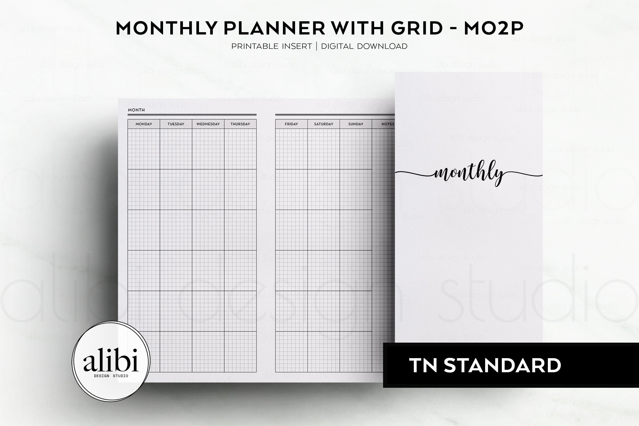 Standard TN Monthly Planner Undated Calendar With GRID Month on 2 Pages ...