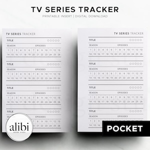 Op de afbeelding: Twee afdrukbare tv-serietrackerbladen. Elk blad heeft secties voor titel, seizoen en afleveringen, met genummerde vakken om te volgen. De tekst "TV SERIES TRACKER" staat bovenaan.