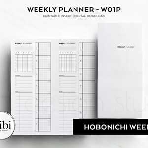 May include: Printable weekly planner insert for Hobonichi Weeks. The planner has two pages with a grid layout for daily scheduling and a notes section. The planner is designed for use with the Hobonichi Weeks planner.