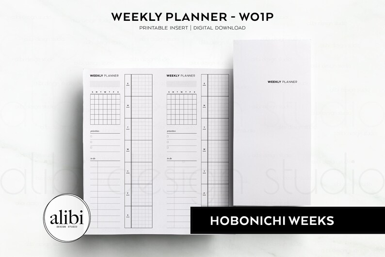 May include: Printable weekly planner insert for Hobonichi Weeks. The planner has two pages with a grid layout for daily scheduling and a notes section. The planner is designed for use with the Hobonichi Weeks planner.