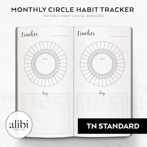 May include: Printable monthly habit tracker with two circle habit trackers and two key sections. The tracker is designed for a traveller's notebook.