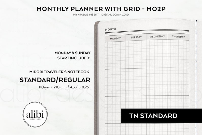 Standard TN Monthly Planner Undated Calendar With GRID Month on 2 Pages ...