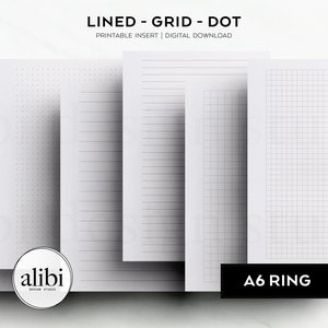 Puede incluir: Cuatro insertos de papel para cuaderno imprimibles de tamaño A6. Los insertos son rayados, cuadriculados y punteados. Los insertos están diseñados para una carpeta de anillas. El texto de la imagen dice "LINED - GRID - DOT PRINTABLE INSERT | DIGITAL DOWNLOAD" y "A6 RING".