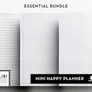 Peut inclure: Un ensemble de trois pages de planificateur imprimables, comprenant du papier ligné, quadrillé et à points. Les pages sont intitulées "Mini Happy Planner" et sont disponibles en téléchargement. Le texte "ALIBI DESIGN STUDIO" se trouve dans le coin inférieur gauche.
