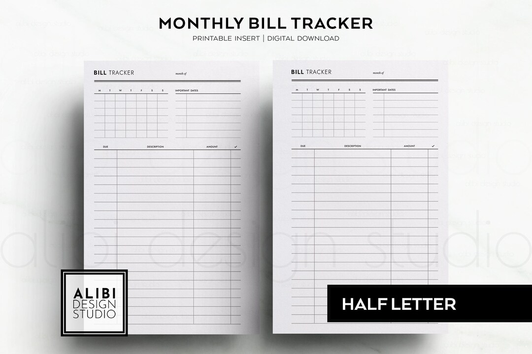 Half Letter Bill Tracker Financial Overview Budget Planner Monthly ...