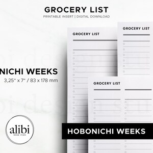 May include: Three white paper grocery list inserts with black text and lines, featuring checkboxes for items. The text reads GROCERY LIST and HOBONICHI WEEKS. The dimensions are listed as 3.25 inches by 7 inches. A circular logo for alibi design studio is visible.