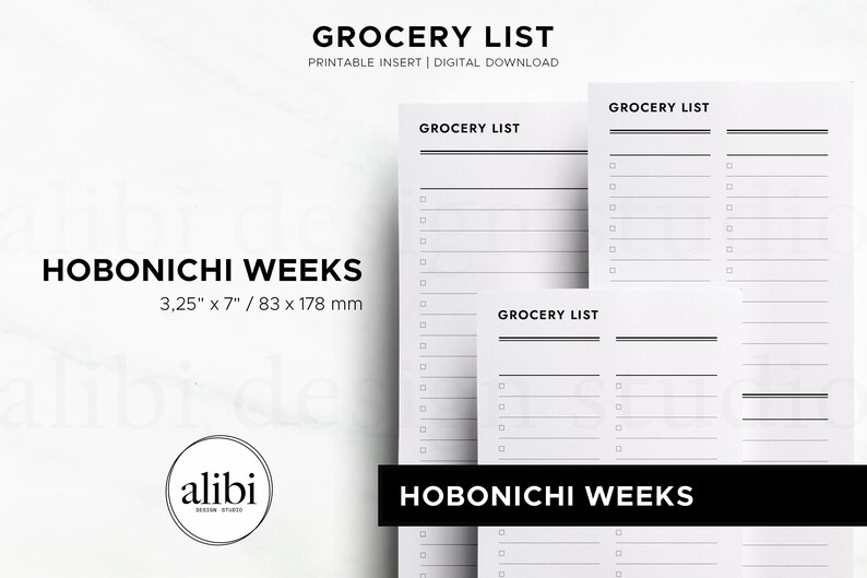 May include: Three white paper grocery list inserts with black text and lines, featuring checkboxes for items. The text reads GROCERY LIST and HOBONICHI WEEKS. The dimensions are listed as 3.25 inches by 7 inches. A circular logo for alibi design studio is visible.