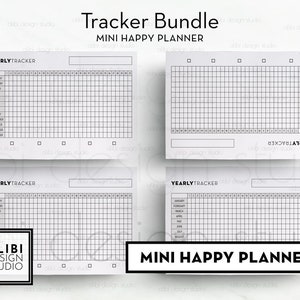 May include: Four printable pages for a mini happy planner. Each page has a yearly tracker with a grid layout and the text "YEARLY TRACKER" at the top. The text "MINI HAPPY PLANNER" appears at the top and bottom of the image.