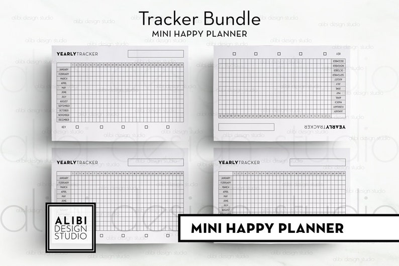 May include: Four printable pages for a mini happy planner. Each page has a yearly tracker with a grid layout and the text "YEARLY TRACKER" at the top. The text "MINI HAPPY PLANNER" appears at the top and bottom of the image.