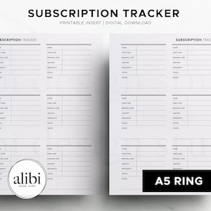 Può includere: Un inserto stampabile per il monitoraggio degli abbonamenti bianco con testo nero. Il layout presenta diverse sezioni per nome, data di inizio, data di rinnovo, importo, frequenza, stato e note. In alto si legge SUBSCRIPTION TRACKER, PRINTABLE INSERT | DIGITAL DOWNLOAD e A5 RING.