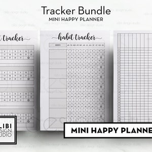 May include: A printable planner bundle titled "Tracker Bundle" and "Mini Happy Planner". The bundle includes three pages: a habit tracker with three monthly calendars, a monthly habit tracker, and a blank grid page.