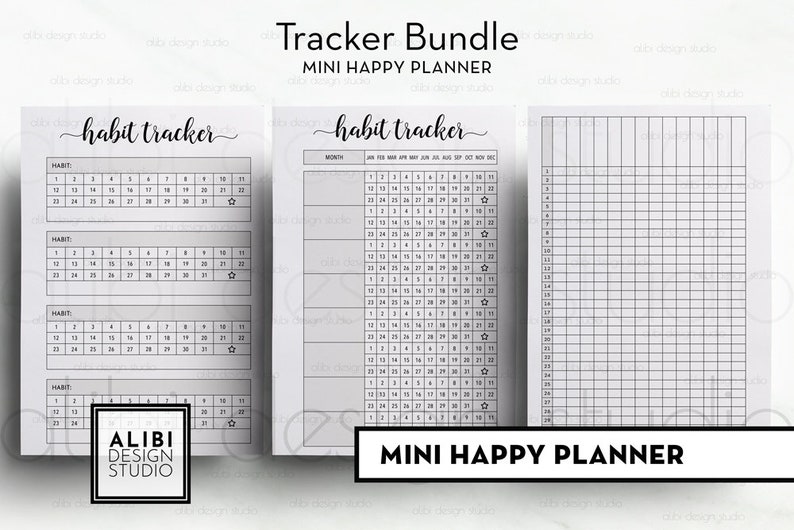 May include: A printable planner bundle titled "Tracker Bundle" and "Mini Happy Planner". The bundle includes three pages: a habit tracker with three monthly calendars, a monthly habit tracker, and a blank grid page.