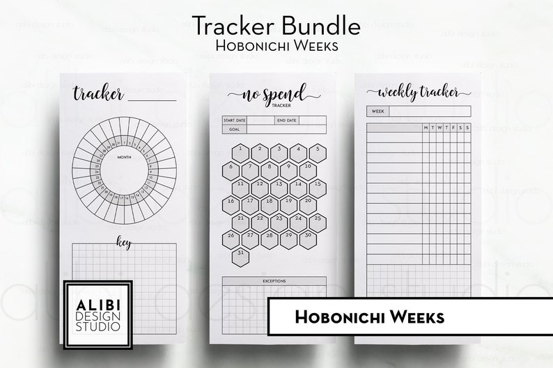 May include: A printable tracker bundle for Hobonichi Weeks planners. The bundle includes a monthly habit tracker, a no spend tracker, and a weekly tracker.