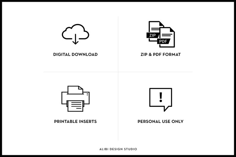 May include: Black and white line art icons representing digital download, printable inserts, zip and PDF format, and personal use only. The text "ALIBI DESIGN STUDIO" is at the bottom of the image.