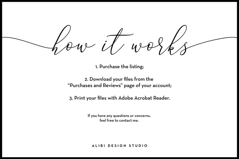 May include: Black and white text on a white background explaining how to purchase and download digital files. The text reads "how it works" followed by a numbered list of instructions. The text also includes the phrase "ALIBI DESIGN STUDIO".