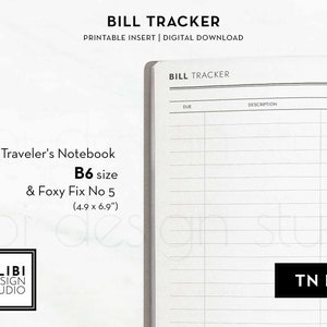B6 TN Bill Tracker Monthly Bill Travelers Notebook Printable Planner ...