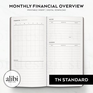 May include: A monthly financial overview planner insert with a black and white layout. The left page features a calendar grid and a reminders section. The right page includes income and expense tracking tables with columns for date, description, and amount.