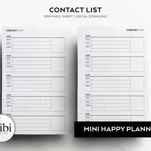 HP MINI Contact List Planner Inserts Contact Information Address Book MINI Happy Planner Printable Inserts