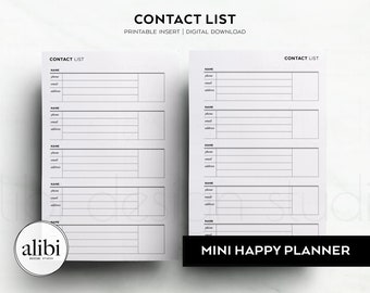 HP MINI Contact List Planner Inserts Contact Information Address Book MINI Happy Planner Printable Inserts