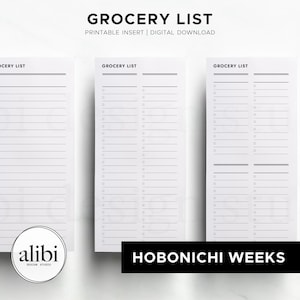 May include: Three white grocery list printable inserts with black text and lines. The top reads GROCERY LIST, PRINTABLE INSERT | DIGITAL DOWNLOAD. The lists feature checkboxes and horizontal lines. A circular logo reads alibi design studio.