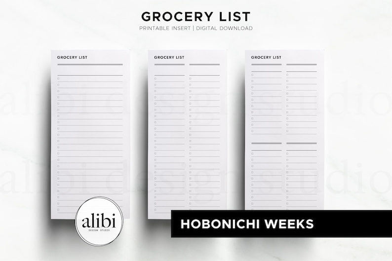 May include: Three white grocery list printable inserts with black text and lines. The top reads GROCERY LIST, PRINTABLE INSERT | DIGITAL DOWNLOAD. The lists feature checkboxes and horizontal lines. A circular logo reads alibi design studio.