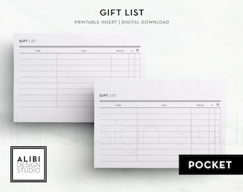 Pocket Gift List Gift Ideas Gift Tracker Shopping List Pocket Printable Planner Inserts