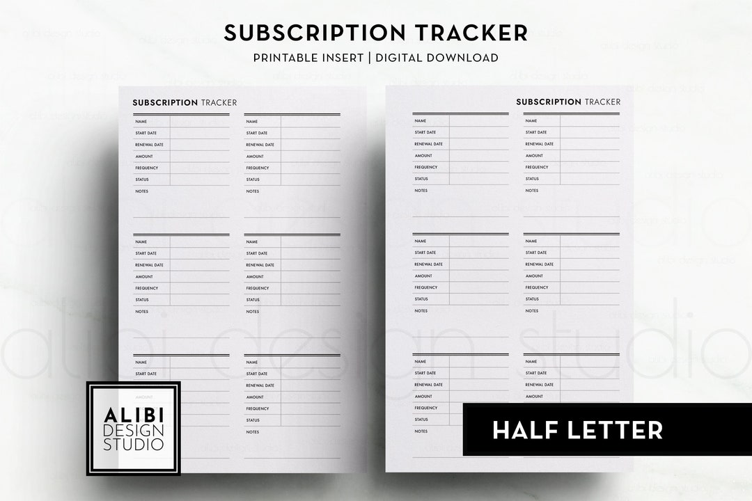 Half Letter Subscription Tracker Financial Planner Half Page Printable ...