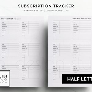 Halber Buchstabe Abonnement-Tracker Haushaltsplaner Druckbarer Planer und Kalendereinlagen Monatlicher Abonnement-Tracker Ausgabe-Tracker
