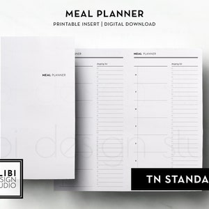 K&ouml;nnte beinhalten: Ein druckbarer Speiseplan-Einsatz f&uuml;r ein Reisetagebuch. Der Einsatz ist wei&szlig; mit schwarzem Text und Linien. Der Text auf dem Einsatz lautet "Meal Planner" und "Shopping List". Der Text am unteren Rand des Einsatzes lautet "TN Standard".