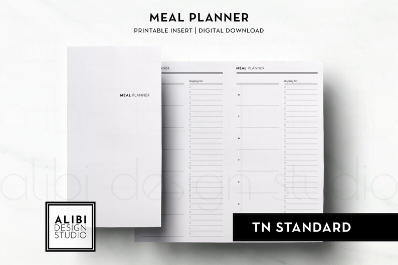 K&ouml;nnte beinhalten: Ein druckbarer Speiseplan-Einsatz f&uuml;r ein Reisetagebuch. Der Einsatz ist wei&szlig; mit schwarzem Text und Linien. Der Text auf dem Einsatz lautet "Meal Planner" und "Shopping List". Der Text am unteren Rand des Einsatzes lautet "TN Standard".