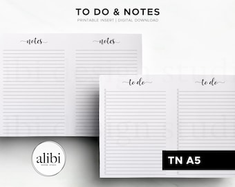 Puede incluir: Dos insertos de planificador imprimibles blancos con páginas rayadas. Uno está etiquetado como "notas" y el otro como "por hacer". El texto "TO DO & NOTES" y "PRINTABLE INSERT | DIGITAL DOWNLOAD" están en la parte superior. El inserto inferior derecho está etiquetado como "TN A5".